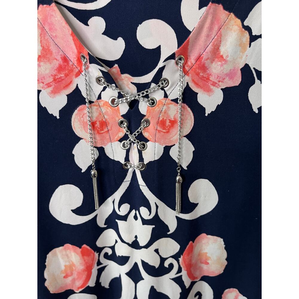 JM Collection Navy Floral Scroll Print Top Lace-Up Chain Detail 3/4 Sleeve Large - Picture 4 of 6